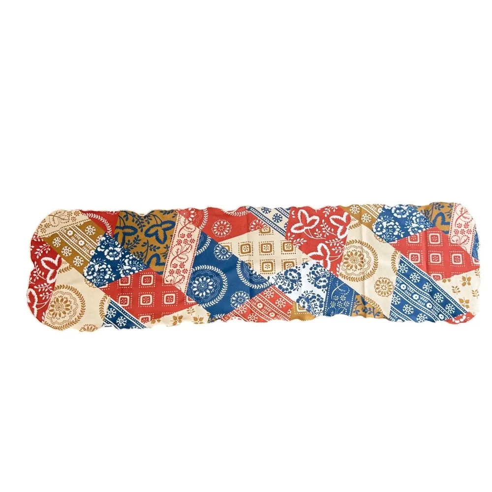 Vintage Patchwork Quilted Table Runner Table Scarf Red Blue Farmhouse 30x8